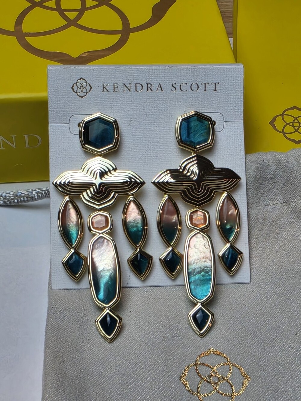 Kendra Scott Monica Statement Earrings Gold Teal Mix Geometric Chandelier NEW - Picture 4 of 8